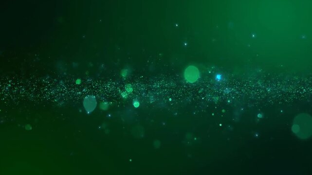 深いエメラルドグリーンの光粒子とボケがフォレスト緑グラデーションに漂うミステリアスなラグジュアリー背景 シームレスループ プレゼン・YouTube背景 16:9 4K