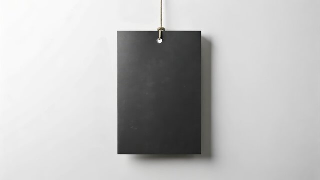 A single sheet of blank black paper with a hang tag attached to it, isolated on a white background, waiting for its purpose to be fulfilled , minimalist decor, blank page