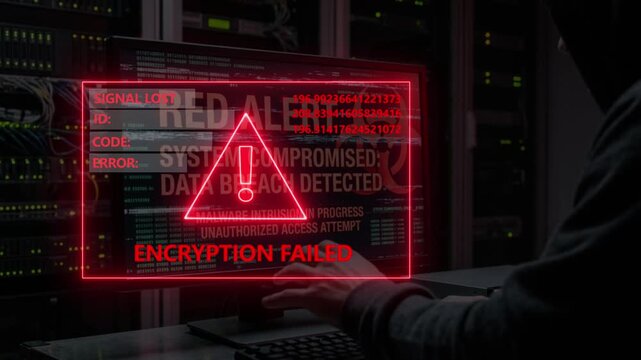 A male hacker in a dark hooded sweatshirt sits at a computer, looking at a red alert screen showing an encryption failed message with data breach detected