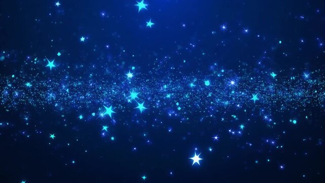 鮮やかなシアンブルーの星屑と瞬く宇宙粒子がディープオーシャンブルーの宇宙空間に舞うマジカルな背景 シームレスループ プレゼン・YouTube・ファンタジー用 16:9 4K
