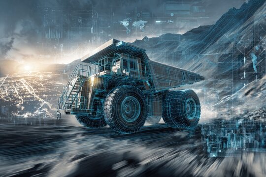 Futuristic holographic mining truck overlaid on digital landscape