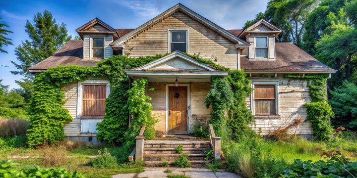 Abandoned house with boarded-up windows and a broken front door, overgrown with weeds and vines, surrounded by foreclosure signs in a suburban neighborhood , neglect, foreclosure