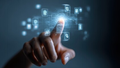 Fototapeta premium Finger interacts with glowing digital icons, representing technology and data