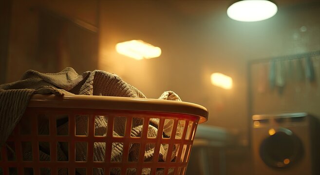 Orange laundry basket overflows with clothes in a dimly lit, dusty room