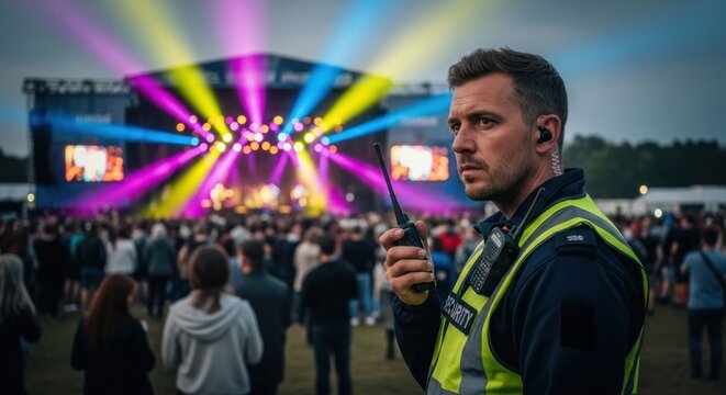 Security Guard Communicating on WalkieTalkie at Outdoor Music Festival.
