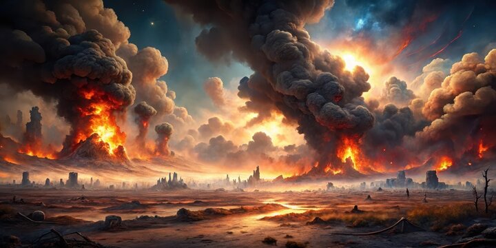 A desolate wasteland with a massive inferno engulfing the horizon, flames rising high into the smoky sky, ash and debris scattered around , apocalyptic scenery, fiery inferno