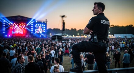 Naklejka premium Security guard watches over a large crowd at an outdoor music festival at dusk.