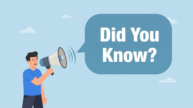 Expressive 4K animated character shouting into a megaphone with a colorful speech bubble displaying did you know text, professional 3D render for communication and marketing purposes.