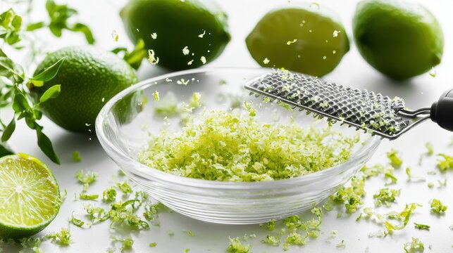 Lime zest scatter suspended air particles glass bowl fresh lime rinds professional zester tool grating action culinary motion photography