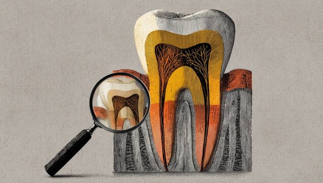 A detailed illustration showcases a molar tooth under magnification, highlighting its internal structure and root system against a muted background.
