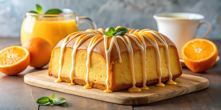 Traditional vanilla pound cake with a hint of orange zest and a drizzle of fresh orange juice on top, baking