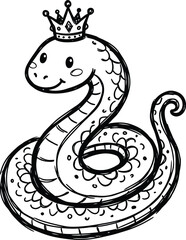 Fototapeta premium World Snake Day hand drawn doodle vector icon cute snake wearing crown royalty theme black outline minimalist reptile character design illustration