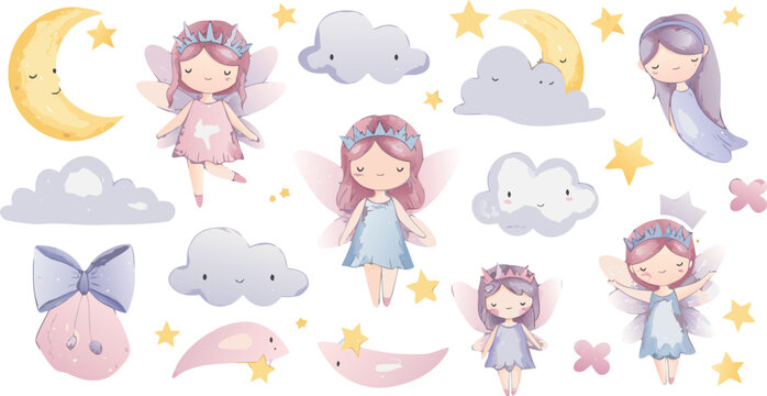 Whimsical illustration of girls with clouds moon and butterflies in pastel colors