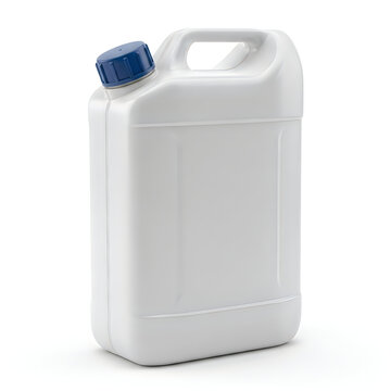 Empty plastic jerrican with blue cap for liquid storage isolated on white background