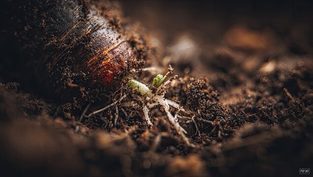 A tiny seedling emerges from a cracked seed, pushing through dark soil in a macro photograph, symbolizing new life and growth.