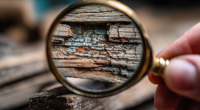 Magnifying glass reveals textured wood grain, decay, and a greenish hue