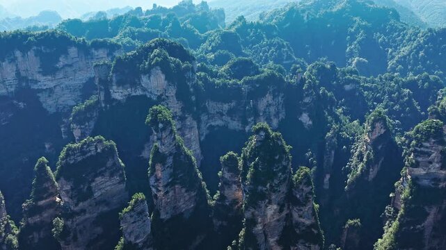 Aerial view of quartz sandstone pillars in Zhangjiajie National Forest Park, Hunan, China