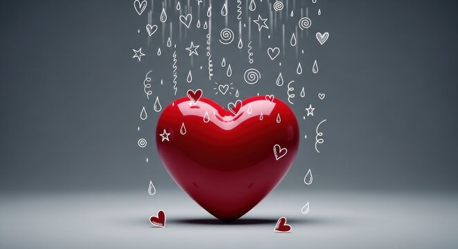 Shiny Red Heart Symbol Falling Hearts Love Romance Concept.