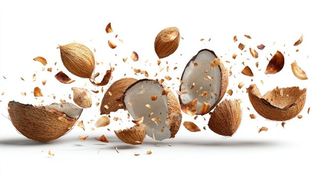 A dynamic studio shot captures a coconut dramatically exploding into pieces, showcasing its fibrous texture and revealing its inner white flesh against a stark white background.