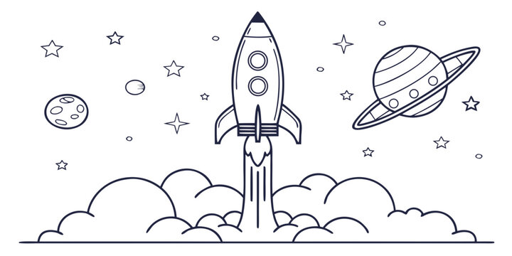 Monochrome outline rocket launching from earth into space with planet and stars line art solar system exploration universe illustration discovery adventure astronomy monochrome beginning