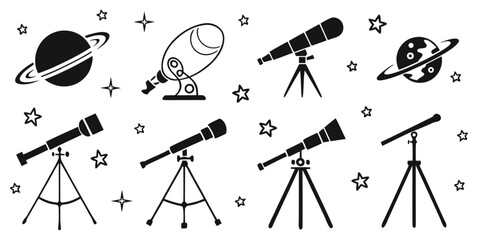 Vector icons of telescopes and celestial planets with stars depicting astronomical instruments for space exploration and cosmic observation solar system milky way telescope astronomy universe © MST CHIN BANU BEGUM