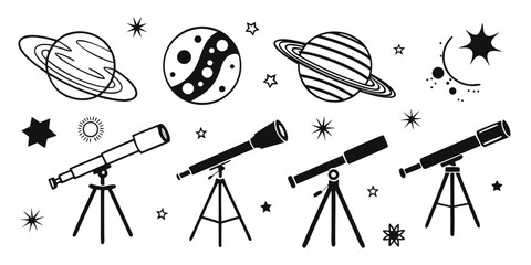 Astronomy and space exploration vector icons featuring telescopes planets like saturn sun stars representing cosmic observation and the solar system milky way telescope astronomy universe © MST CHIN BANU BEGUM