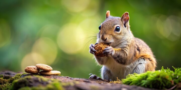 A juicy chocolate chip cookie being bitten into by a hungry squirrel in the forest , nature, outdoors,  nature, outdoors, bite