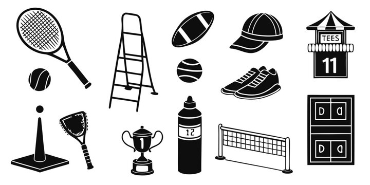 Sport equipment and game accessories silhouette icon set black and white vector graphic elements for tennis baseball training with tee stand active lifestyle white background sports gear equipment