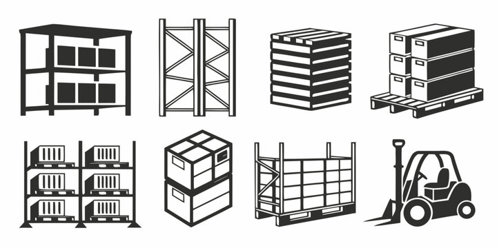 Warehouse inventory and logistics icons collection featuring shelves stacks of boxes pallets forklift warehouse inventory logistics stacking forklift shipping delivery transport industry
