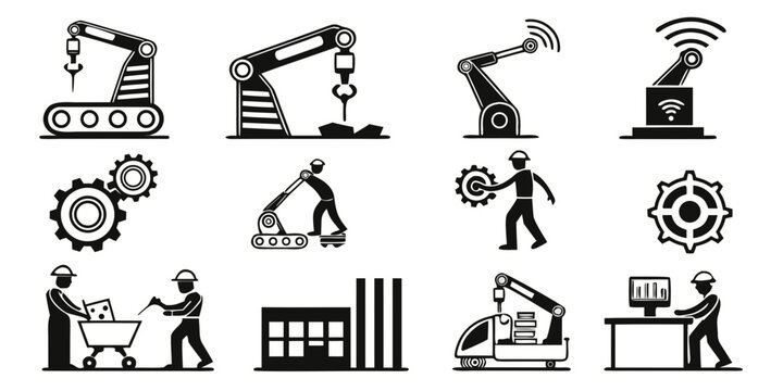 Industrial automation and manufacturing icons set with robotic arms gears factory workers production process industry manufacturing automation robotics production engineering technology
