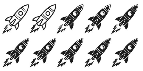Set of ten minimalist rocket ship icons and spacecraft glyphs representing launch startup and space exploration projects with spaceship exploration collection technology progress discovery © MST CHIN BANU BEGUM