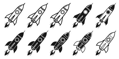 Ten styled rocket ship icons and launch symbols set featuring different shading and line weights for web and app interface design spaceship exploration technology business universe astronomy © MST CHIN BANU BEGUM