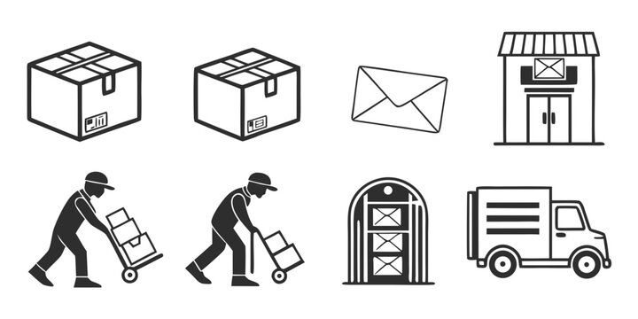 Logistics and delivery icon collection with cardboard boxes mail envelope warehouse storefront delivery man with hand truck transport vehicle supply chain logistics delivery shipping warehouse