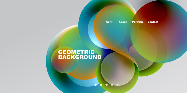 Abstract colorful overlapping circles create dynamic visual. Text labels present work, about, portfolio, contact options. Geometric background dominates design.