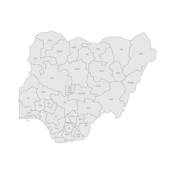 Nigeria political map of administrative divisions - states and federal capital territory. Grey map with thin black outline and labels.