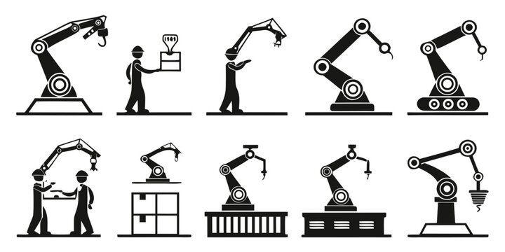 Industrial robotic arms and manual labor icons for logistics and manufacturing with robotics automation manufacturing industry logistics mechanical technology machinery production equipment