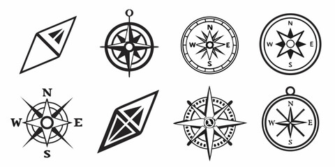 Various navigational and geographic icons featuring diverse compass designs and directional shapes navigation direction geography orientation cartography wayfinding collection interface © MST CHIN BANU BEGUM