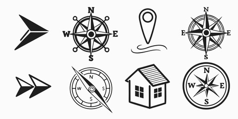 Set of travel and navigation icons including house compass directional arrows map pins with navigation location direction geography cartography orientation wayfinding exploration collection © MST CHIN BANU BEGUM