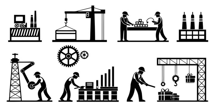 Set of industrial and construction icons featuring workers cranes gears and factory silhouette graphics industry construction silhouette engineering manufacturing building machinery equipment