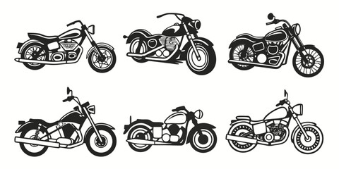 Set of black and white motorcycle silhouettes including cruiser and chopper styles with two wheeler motorcycle silhouette transport transportation motorbike motorcycles collection isolated © MST CHIN BANU BEGUM