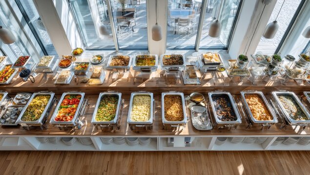 Abundant buffet spread of diverse dishes in chafing dishes