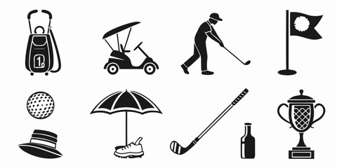 Collection of golf sports equipment and playing icons with golf club golf ball golf cart umbrella accessory equipment recreation activity competition tournament transport collection © MST CHIN BANU BEGUM
