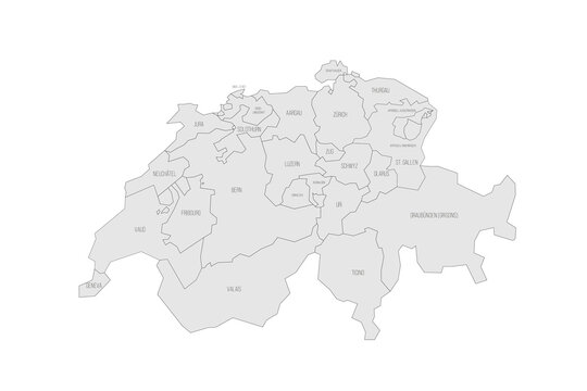 Switzerland political map of administrative divisions - cantons. Grey map with thin black outline and labels.