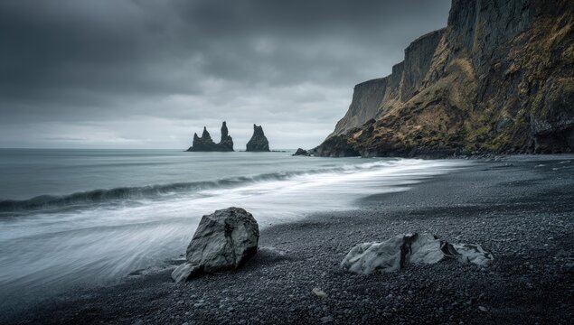 Dramatic seascape of basalt sea stacks off a black sand beach