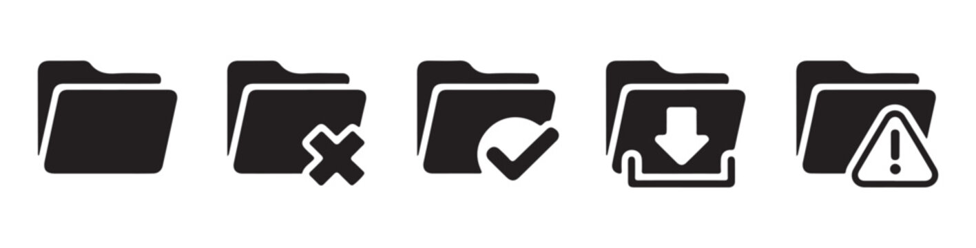 Collection of vector folder icons depicting various states like cross, checkmark, download, and warning.