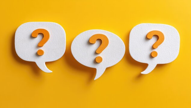 Three white speech bubbles with orange question marks are arranged on a vibrant yellow background.
