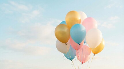 Naklejka premium A cluster of colorful helium balloons floating against a soft blue sky, featuring shades of yellow, pink, and light blue for a festive celebration