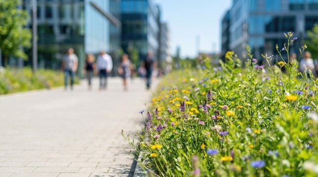 A lush wildflower meadow bordering a stone paved walkway in a business district with blurred office workers walking towards modern glass office buildings