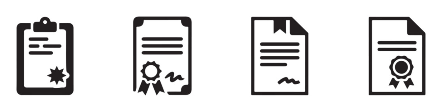 Set of black contract and document icons with ribbons and seals representing legal business paperwork.