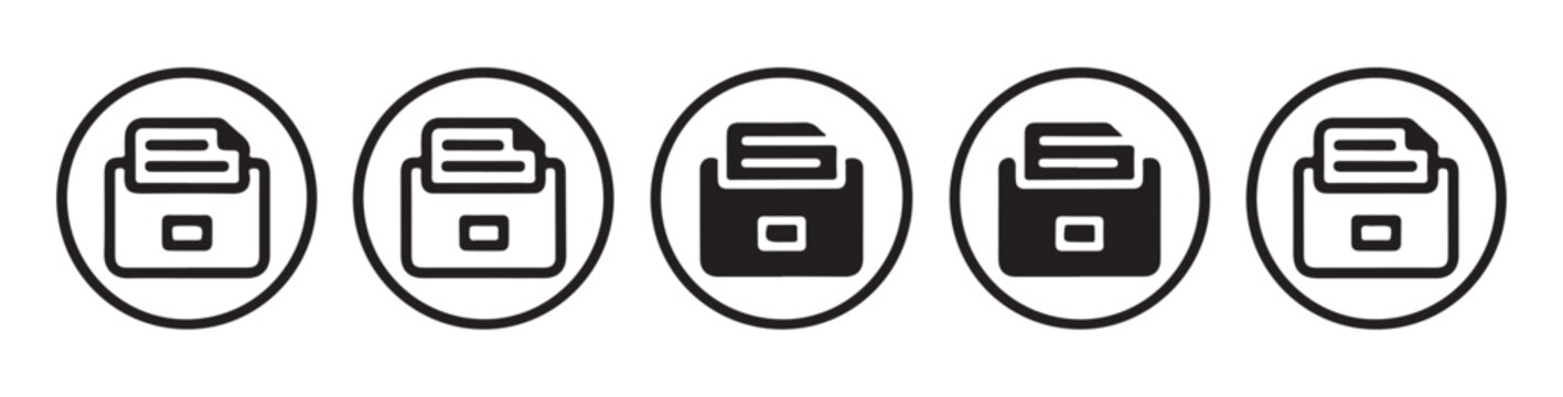 Set of printer scanner icons in circles with different styles outline solid and filled for document management.
